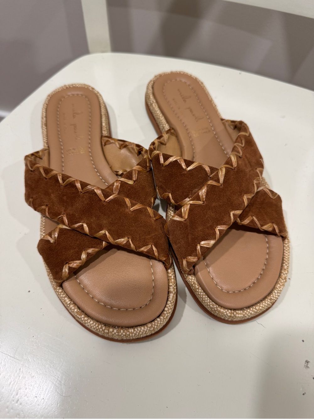 Mila Paoli Brown Suede Crisscross Slide Sandals
